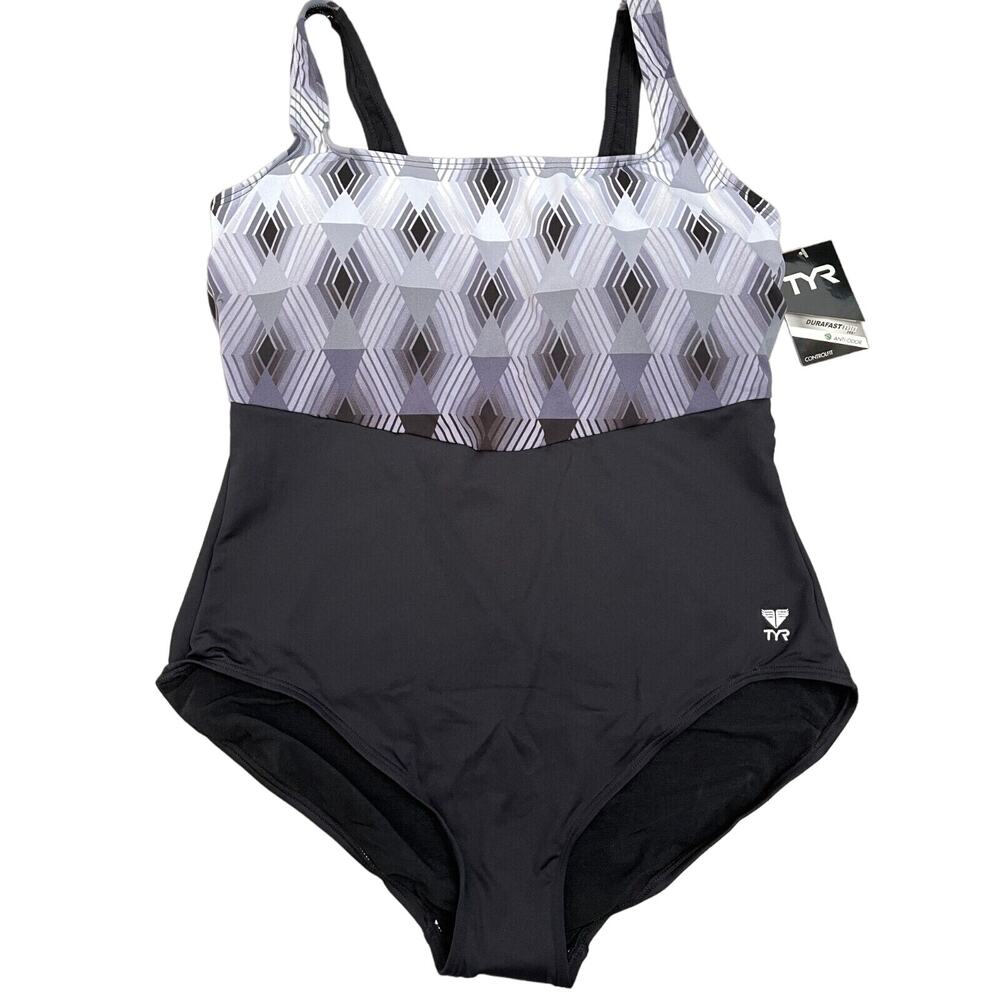 TYR Women STIRLING Aqua ControlFit 1pc SwimSuit Black Grey - Size 8- $80